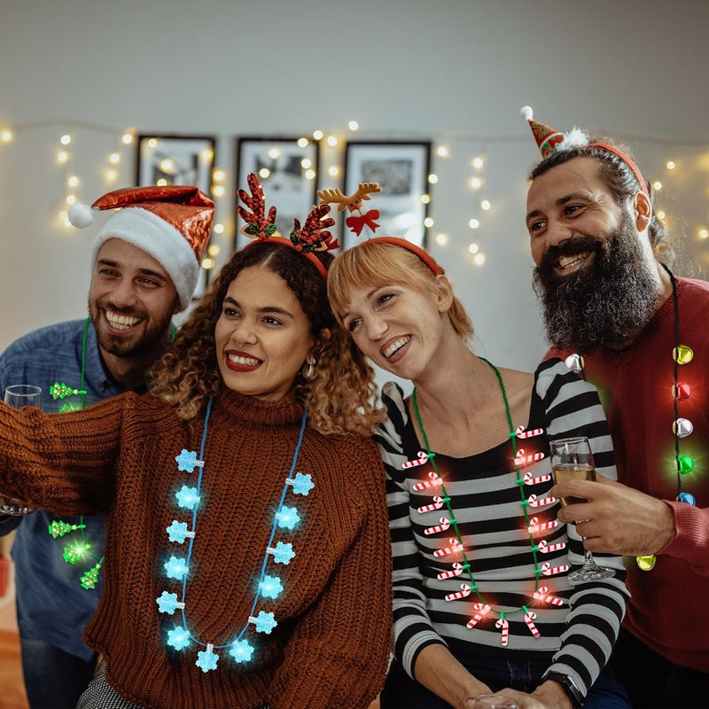 Traplace Store 4PCS Christmas Light Up Necklace, 3 Modes Xmas Accessories with Bell Tree Candy Cane Snowflake Designs, Vibrant Bulbs Festive Party Supplies, Christmas Necklace for Ugly Sweater Party Favors - Image 5